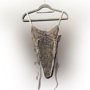 SHEIN SXY Floral Embroidery Lace Up Mesh Cami Bodysuit